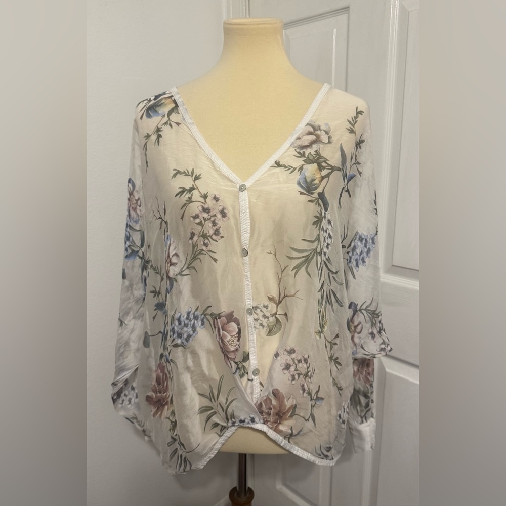 Tempo Paris Silk Blend Floral Boho Blouse Ivory Sheer Button Front Twist Hem Lrg